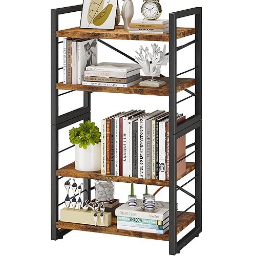Homeiju Bookshelf, Dorm Desk Hutch, Desk Shelf Organizer, 4 Tier Stackable Bookcase, Adjustable Industrial Book Shelf Storage Organizer for Desktop, Living Room, Bedroom, Office,Rustic Black and Brown - color: Rustic, size: 4 Tier (adjustable)
