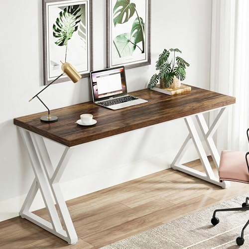 Tribesigns Modern Walnut/White 55" Heavy Duty Computer Desk, Study & Work Desk, 23.6"D x 55.1"W x 29.5"H, Z-Shaped Metal Legs, 330 lbs Capacity - color: Walnut/White