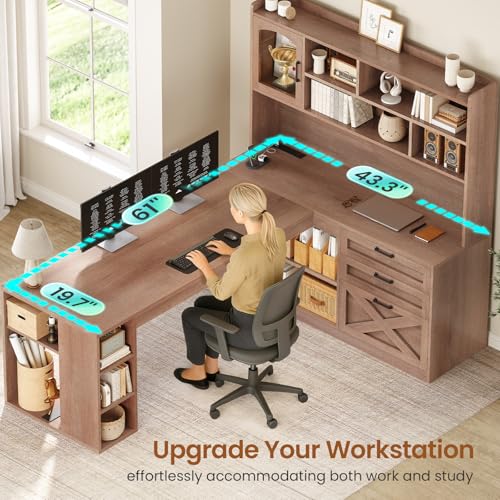 SEDETA 61" L Shaped Office Desk with Drawers and Storage, Light Brown - color: Brown, size: 61 inches