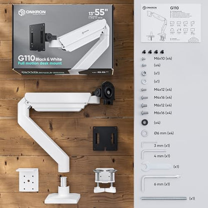 ONKRON Desk Monitor Mount 13-55", 55.1 lbs, max VESA 100x100, Black-White