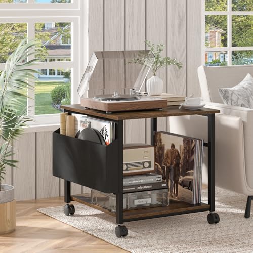 Lerliuo Brown Large Printer Stand with Storage | 23.6" W x 23.6" D x 22.8" H Printer Table for Home Office, Rolling Printer Cart Holder with Lockable Wheels & Side Pocket - color: Brown