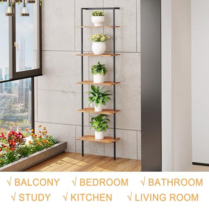 5-Tier Wall Mounted Ladder Shelf, Rustic Brown, 64.7" H - color: Rustic Brown, size: 5 Tier