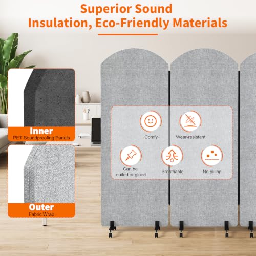 Office Divider Privacy Panel with Wheels, 72 x 66 Inch Freestanding Room Partition Wall, Portable Temporary Wall, 3 Panel Acoustic Screen for Office, Study, Classroom (Arc-Light Gray) - color: Arc-light Gray