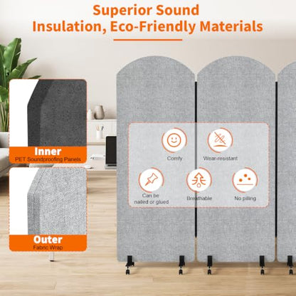 Office Divider Privacy Panel with Wheels, 72 x 66 Inch Freestanding Room Partition Wall, Portable Temporary Wall, 3 Panel Acoustic Screen for Office, Study, Classroom (Arc-Light Gray) - color: Arc-light Gray