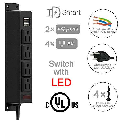 Mountable Power Strip with USB Ports,Wall Mount Power Outlets Screw Down Power Socket in Desk Under Cabinet Power Station 4AC Outlet 2 USB 6.56 Feet Extension Cord, On&Off Switch Black - size: 4AC+USB