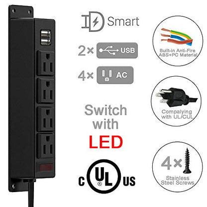 Mountable Power Strip with USB Ports,Wall Mount Power Outlets Screw Down Power Socket in Desk Under Cabinet Power Station 4AC Outlet 2 USB 6.56 Feet Extension Cord, On&Off Switch Black - size: 4AC+USB