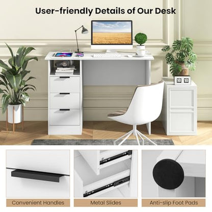 Tangkula White Desk with 3 Drawers & Charge Station, Home Office Desk with Open Shelf, Study Writing Desk, PC Desk Computer Workstation, Modern Computer Desk for Bedroom, Study - size: 42.5" x 19"