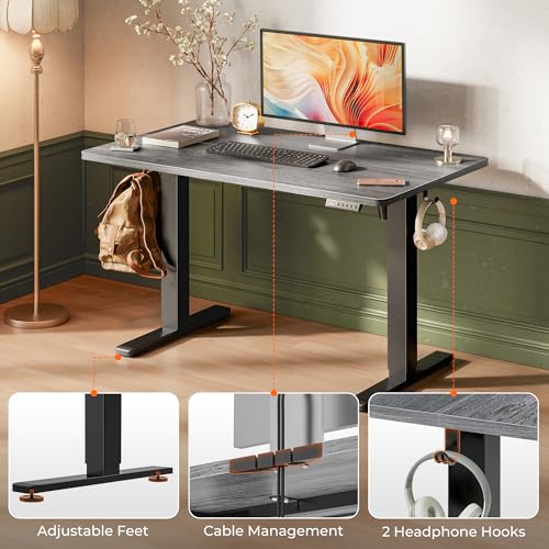 Huuger 48 x 28 Large Electric Standing Desk, Height Adjustable Desk, 27.6" Deep Desktop, Stand up Gaming, 2 Hooks, 3 Preset Heights, for Home Office, Grey - color: Grey, size: 48*28 inch (no outlets)