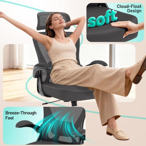 AreShark Office Chair - Ergonomic Desk Chair Breathable Mesh Chair with 2D Headrest & Adjustable Lumbar Support - Executive High Back Rolling Swivel Computer Gaming Chair with Wheels Flip-up Armrests - color: Dark Gray/Black