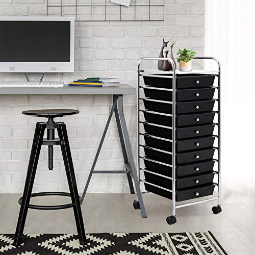 GOFLAME 10-Drawer Rolling Storage Drawer Cart, Utility Cart with Removable Drawers & Metal Frame, Mobile Art Craft Drawer Cart with Lockable Wheels for Home, Office, Studio, School, Black - color: Black, size: 10-Drawer without Wood Top