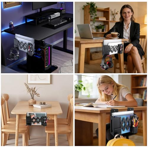Desk Side Storage，Under Desk Clamp-on Vertical Laptop Holder,7-17 Inch Length Adjustable with Pen & Headphone Holder,No Drill Storage Shelf for Desk，Fits Table Edge 0.4" to 2.3"(Black)