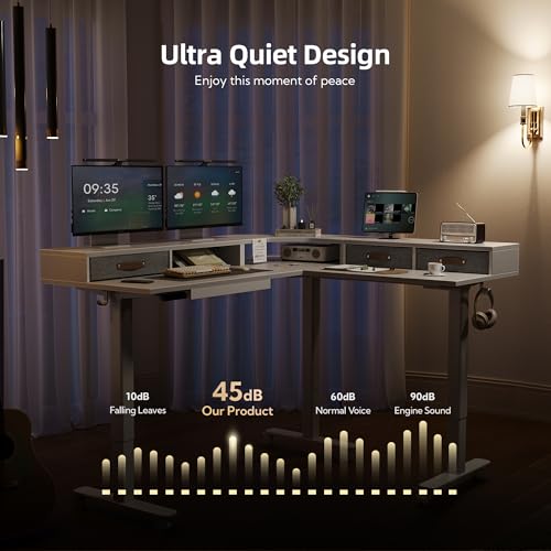 Claiks Dual Motor L Shaped Standing Desk with Drawers, 63inch, White - color: White