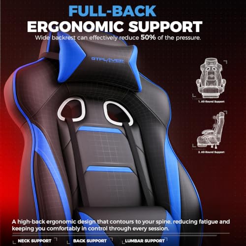 GTPLAYER Gaming Chair with Footrest, 350LBS Big and Tall Office Chair, Ergonomic High Back Lumbar Support and Recliner for Back Pain Relief, Blue - color: Blue