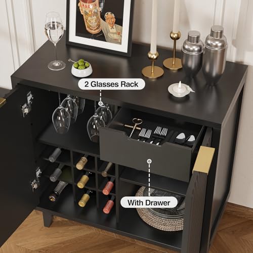 Fluted Coffee Bar Cabinet with Storage, Modern Sideboard Buffet Cabinet - color: Black, size: Coffee Bar - 15.7"D x 31.5"W x 31.5"H