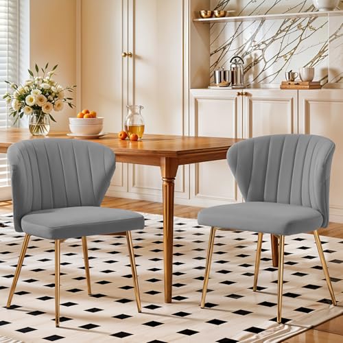 Velvet Dining Chairs Set of 2, Modern Upholstered Vanity Chairs with Golden Metal Legs for Dining Room Kitchen Vanity Patio (Grey) - color: Grey