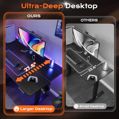 Huuger 48 x 28 Large Electric Standing Desk, Height Adjustable Desk, 27.6" Deep Desktop, Stand up Gaming, 2 Hooks, 3 Preset Heights, for Home Office, Black - color: Black, size: 48*28 inch (no outlets)