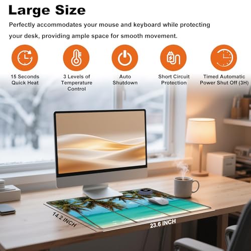 Heated Desk Pad 23.6" x 14.2" 3 Large Heated Mouse Pad with Heat Levels (40°C/45°C/50°C) & 3H Auto Shut-Off Desk Mat Fast Heating PU Leather Warmer Mousepad for Home Office - Beach Tree - color: Beach Tree, size: 23.6 x 14.2 inch