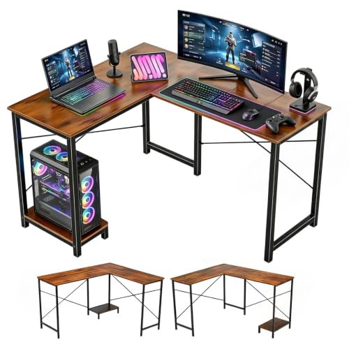 L Shaped Desk Computer Desk, 50inch Brown Gaming Desk with CPU Stand - color: Rustic Brown