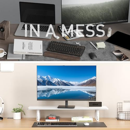 AFOOYO Dual Monitor Stand for Desk, Adjustable Height Wood Computer Riser, Ergonomic Monitor Shelf for Laptop, Printer, TV, Black - Large Storage Space, Sturdy Desk Organizer for Home & Office,White