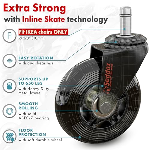Office Chair Wheels Replacement Set 10mm (3/8" x 7/8") Stem - Fits IKEA Chairs ONLY - Soft Desk Chair Casters for Wood Floors & Carpet - Heavy Duty & Safe for All Floors Without Any Chair Mats