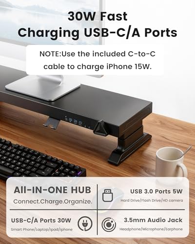 Height Adjustable Dual Monitor Stand Riser with 6-Port USB Hub, Black | Fits Dual 27" Monitors, Charge & Sync Multiple Devices, Ergonomic Height, Solid Steel Material, Cable Management, Quick Setup