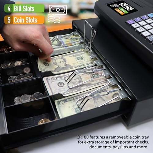 Nadex CR180 Electronic Cash Register, Steel Cash Drawer, Compact Design, Black