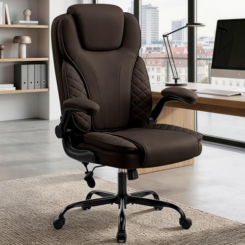 Ergonomic Office Chair, PU Leather High Back Executive Chair with Adjustable Inflatable Lumbar Support and Padded Flip-Up Arms, Recline Swivel Task Computer Chair for Home Office, Dark Brown - color: Dark Brown