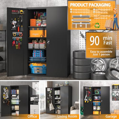 Upgraded Tall & Wide Metal Storage Cabinet with Doors & 4 Adjustable Shelves | Heavy-Duty Black Lockable Garage Cabinet with Wheels & Pegboard for Office, Gym, Basement, Warehouse (Black) - color: Black- Large