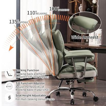 Efomao Big and Tall Office Chair 400lbs - Executive Office Chairs with Footrest, Heavy-Duty PU Leather Computer Chair for Heavy People, Light Green Home Office Desk Chairs | 400lbs support, 135° recline, dual-layer foam cushion, 23.5" seat & footrest. BIF