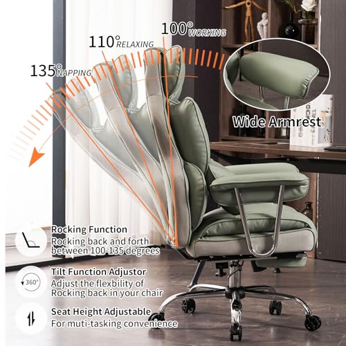 Efomao Big and Tall Office Chair 400lbs - Executive Office Chairs with Footrest, Heavy-Duty PU Leather Computer Chair for Heavy People, Light Green Home Office Desk Chairs | 400lbs support, 135° recline, dual-layer foam cushion, 23.5" seat & footrest. BIF