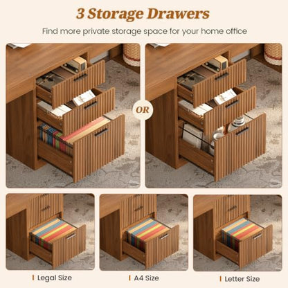 SEDETA Fluted 96.5" 2 Person Computer Desk with Storage Drawers - color: Fluted Brown