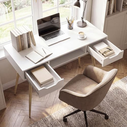 Tangkula Mid Century Modern Desk Simple Computer Desk | White Writing Desk Vanity Table w/2 Drawers & Open Center Storage, Small Wooden Study Table for Home Office & Compact Spaces - color: White
