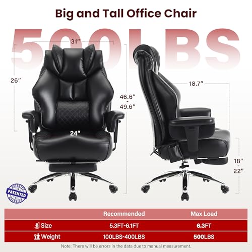 Clome 500lbs Big and Tall Office Chair Adjustable Lumbar Support for Back Pain, Extra Wide Seat Executive Office Chair Thick Armrest Pad, Heavy Duty Base Ergonomic Computer Desk Chair