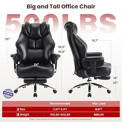 Clome 500lbs Big and Tall Office Chair Adjustable Lumbar Support for Back Pain, Extra Wide Seat Executive Office Chair Thick Armrest Pad, Heavy Duty Base Ergonomic Computer Desk Chair