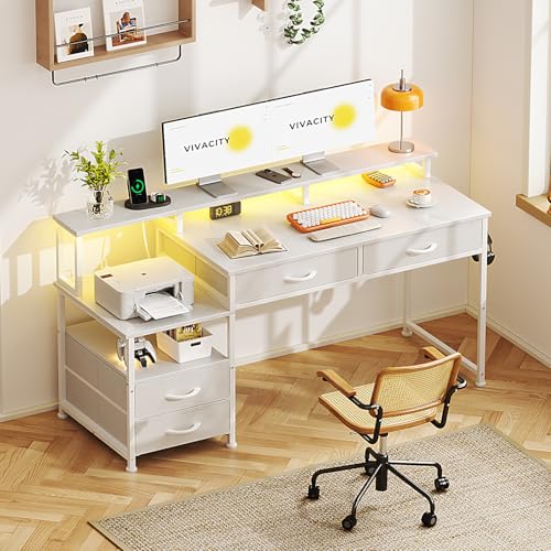 MUTUN 53" Computer Desk with 4 Drawers & Power Outlets, Reversible Home Office Desk with Monitor Stand & Printer Stand, Gaming Desk with Led Lights, Study Writing Work Desk Table for Bedroom (White) - color: White