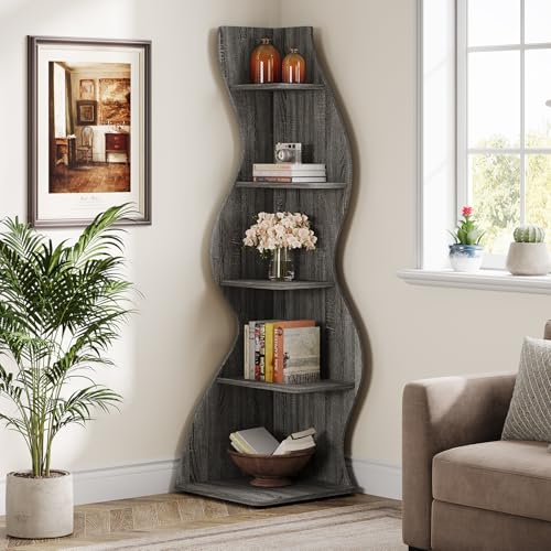 Tribesigns Wavy Corner Shelf, Modern 5-Tier Bookshelf Bookcase with Curvy Shape, Unique Plant Stand Display Rack for Living Room Small Space (Gray) - color: Grey