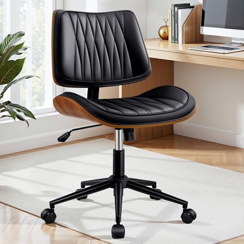 Ergonomic Armless Office Desk Chair - Mid-Century Modern Black Faux Leather with Diamond Stitch, Adjustable Height Swivel Rolling Task Computer Chair with Walnut Accent for Home Office, Study & Work - color: Black, size: 8 Pack