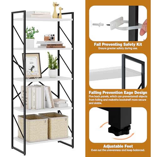 5 Tiers Bookshelf, Classically Tall Bookcase, Industrial Book Rack - color: Black & White