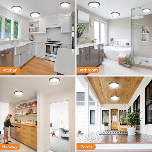 slochi 3Pack LED Flush Mount Ceiling Light Fixture, 9 Inch Light Fixture, 3000K-4000K-6500K Round Flat Bedroom Lights, Closet Round Surface for Bathroom Laundry Bedroom Hallway - color: Black, size: 9Inch-3Pack