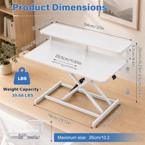 37" Height Adjustable Standing Desk Converter, 4.9" to18.5 Height Adjustable Sit Stand Up Desk Riser with Secondary Desks, Desktop Workstation Riser for Home Office Computer Laptop, White - color: White