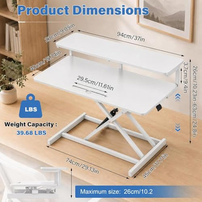 37" Height Adjustable Standing Desk Converter, 4.9" to18.5 Height Adjustable Sit Stand Up Desk Riser with Secondary Desks, Desktop Workstation Riser for Home Office Computer Laptop, White - color: White