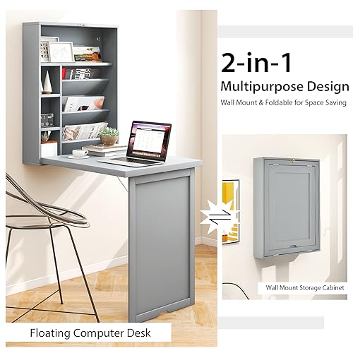 Wall Mounted Desk, Wood Collapsible Floating Desk, Convertible Computer Desk with Storage Area, Hanging Fold Out Table for Home Office, Small Spaces (Grey) - color: Grey
