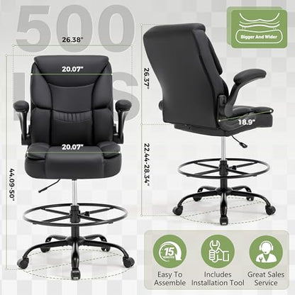 500LBS Drafting Chair, High Back Safer Standing Desk Chair, Executive Tall Office Chair with Flip-up Armrests, Upholstered PU Leather Task Chair, Ergonomic Seat with Adjustable Height&Foot Ring, Black - color: Black