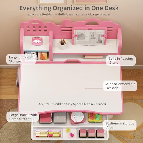 Kids Study Desk and Chair Set 3-12, Adjustable Children School Desk-10PINK | Height Adjustable | 50° Tilt Desktop | Book Stand & Metal Hook & Storage Drawer | Writing Drawing Table for Boys and Girls - color: 100-pink-27.5in