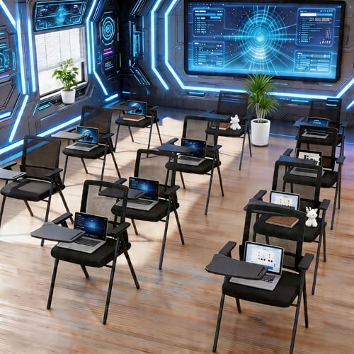Folding Office Chair with Wheels & Cushion, Stackable Chair with Breathable Mesh Back for Conference Guest Reception, Seminar Training Classroom - color: Folding Chair With Writing Tablets
