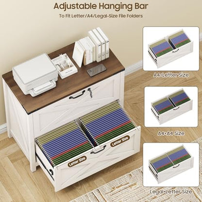 Halitaa Farmhouse Lateral File Cabinet with 2 Drawers, White and Brown - color: Rustic White and Brown, size: 2 Drawers