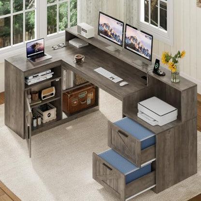TVU Farmhouse L Shaped Desk with Drawers, 62.2" Home Office Desk with Storage Shelves and Power Outlet, L Shaped Computer Desk with Monitor Stand and Printer Shelf, Gray - color: Grey