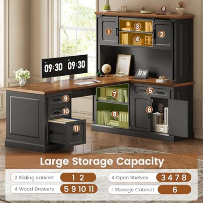 SEDETA 67" Farmhouse Executive L Shaped Desk with Hutch | Office Desks with 4 Drawers & Storage,Executive Desk,File Drawer,Power Outlet,Black+Brown - color: Black+brown, size: 67" L Shaped Desk with Hutch