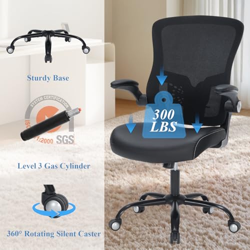 Office Chair PU Leather Cushion, Ergonomic Desk Chair with Flip-Up Arms, 300 LBS Home Office Desk Chairs Adjustable Seat Height & Lumbar Support, Executive Comfy Swivel Task Computer Chair