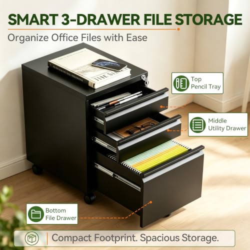 SAWJEC 3 Drawer Mobile File Cabinet with Lock, Fully Assembled, Black - color: 02b-black